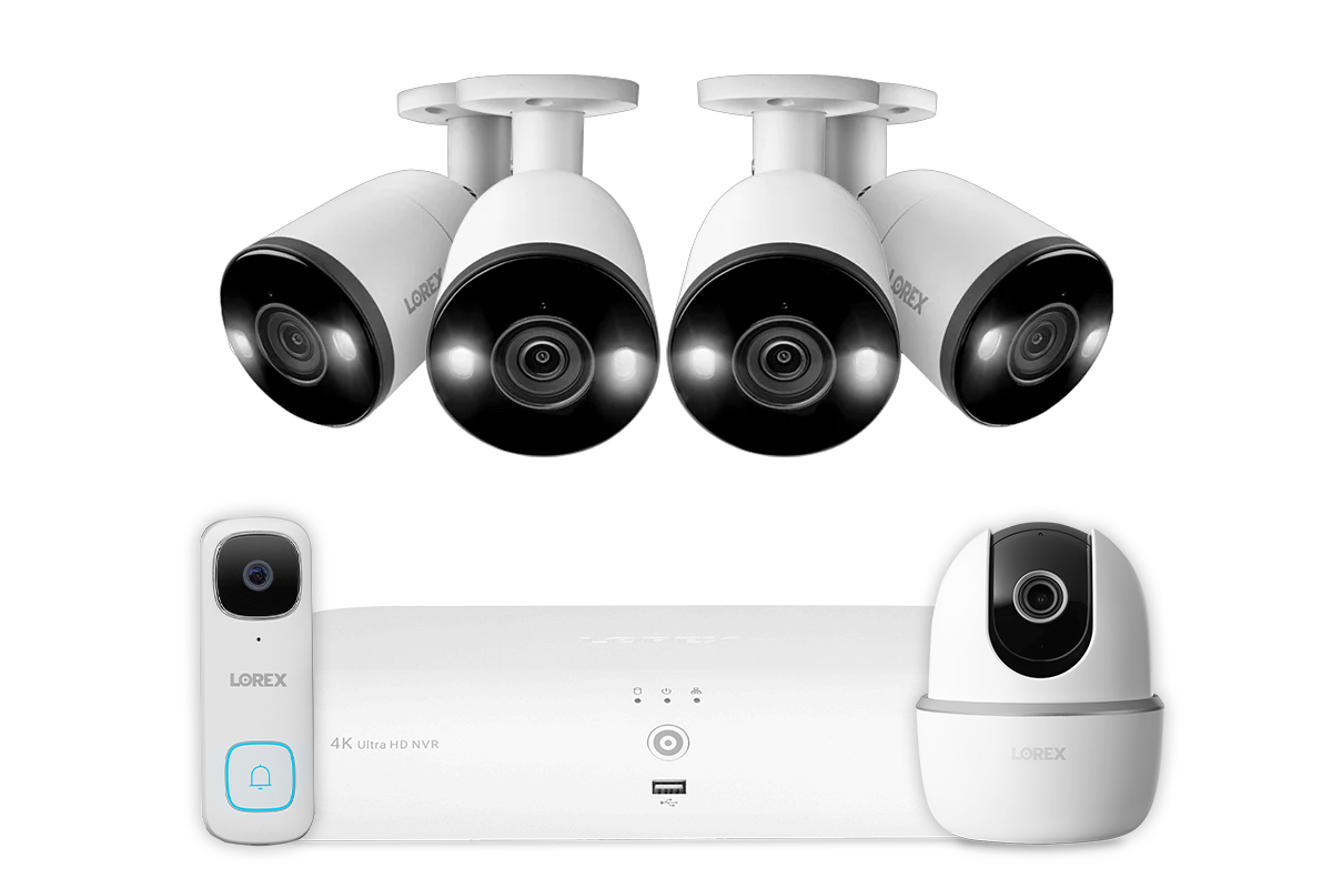 Lorex 4K 8-Channel 2TB NVR with Smart Deterrence IP Bullet Cameras with 2K Pan-Tilt Indoor Camera and 2K Wired Doorbell