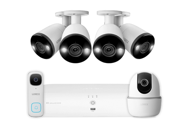 Lorex 4K 8-Channel 2TB NVR with Smart Deterrence IP Bullet Cameras with 2K Pan-Tilt Indoor Camera and 2K Wired Doorbell