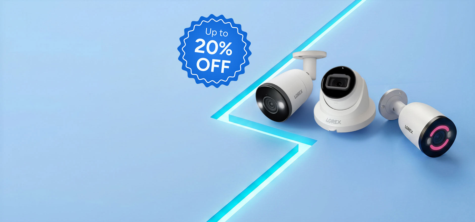 Lorex bullet and turret security cameras displayed on a blue background for a UK Flash Sale with up to 20% off