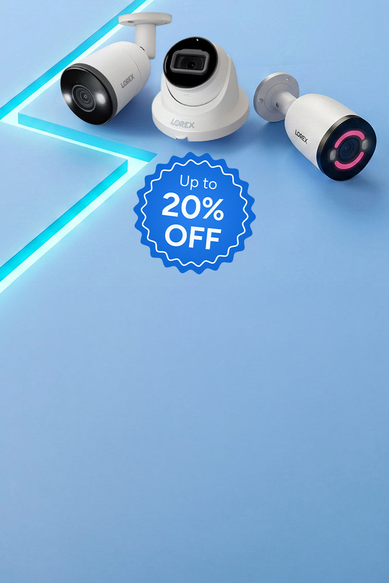 Lorex bullet and turret security cameras displayed on a blue background for a UK Flash Sale with up to 20% off