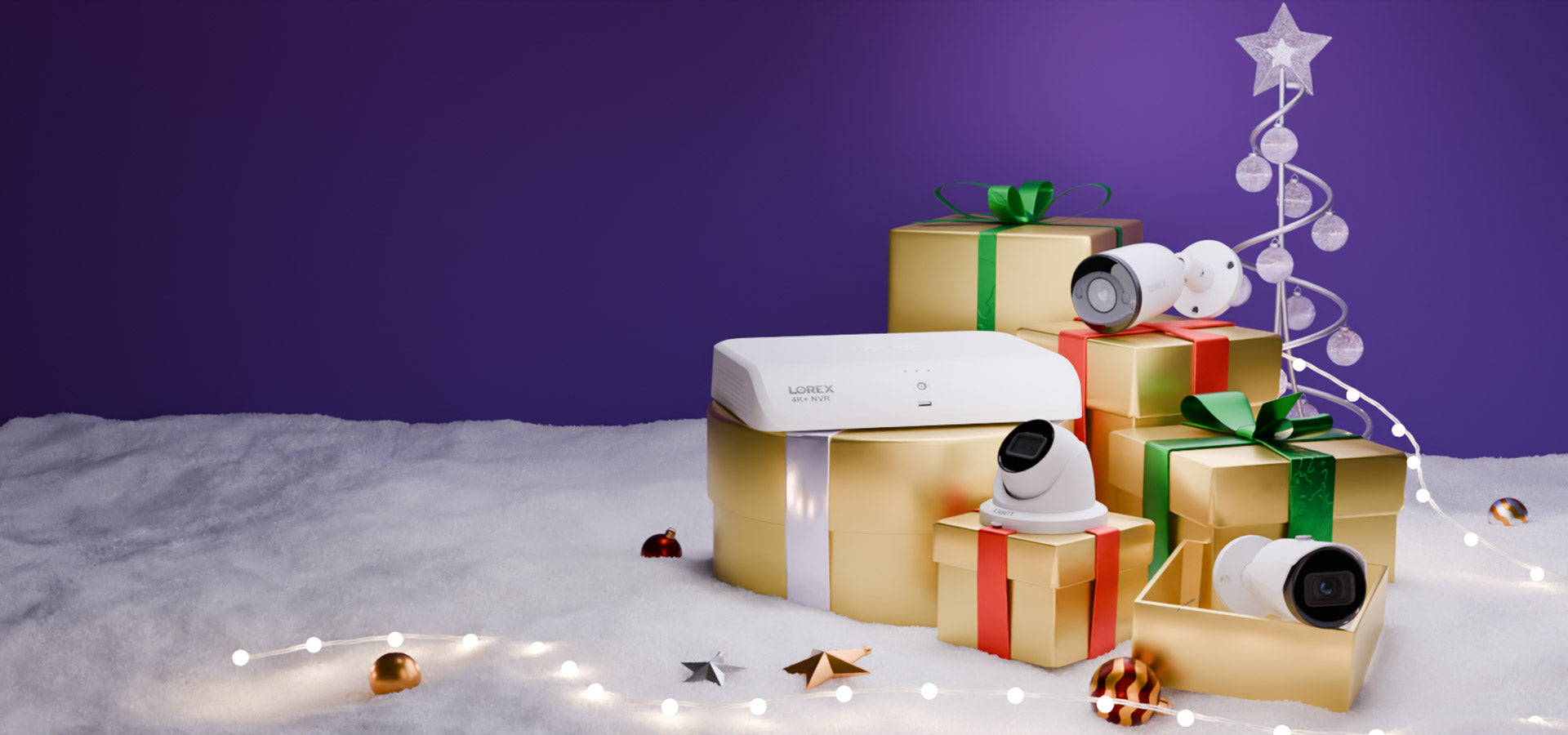 Lorex Boxing Week Sale banner showing security cameras and recorder arranged as holiday gifts.