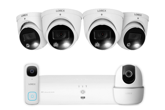 Lorex 4K 8-Channel 2TB NVR with Smart Deterrence IP Dome Cameras with 2K Pan-Tilt Indoor Camera and 2K Wired Doorbell