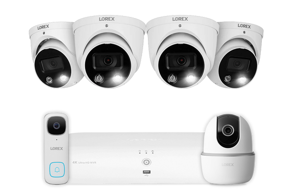 Lorex 4K 8-Channel 2TB NVR with Smart Deterrence IP Dome Cameras with 2K Pan-Tilt Indoor Camera and 2K Wired Doorbell