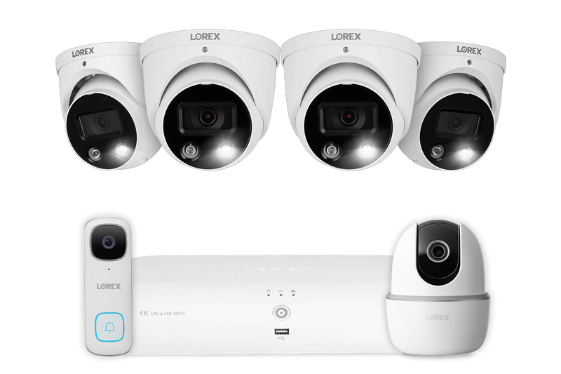 Lorex 4K 8-Channel 2TB NVR with Smart Deterrence IP Dome Cameras with 2K Pan-Tilt Indoor Camera and 2K Wired Doorbell